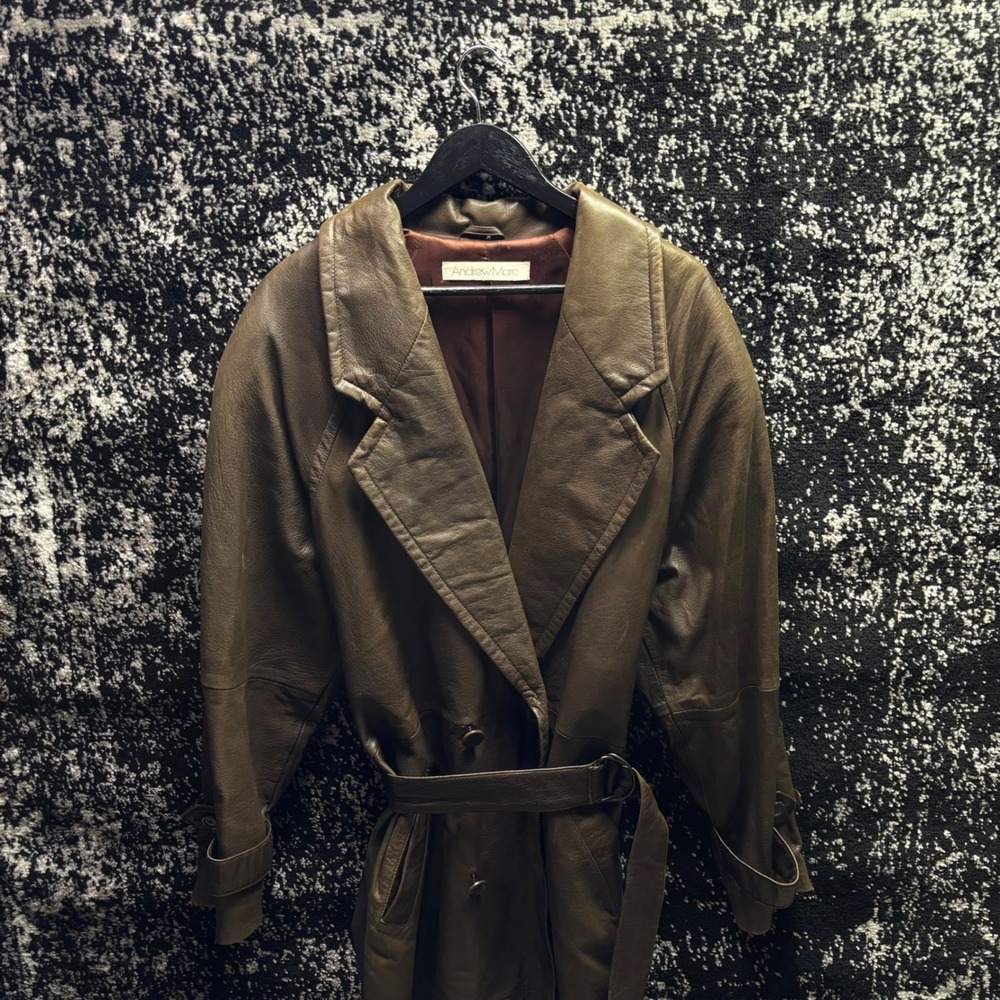 Andrew Marc Vintage Brown Leather Trench Coat Belted Long Jacket Size M